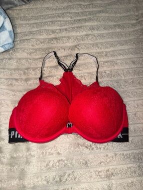 PINK Victoria's Secret Red Lace Push-Up Bra with Branded Band